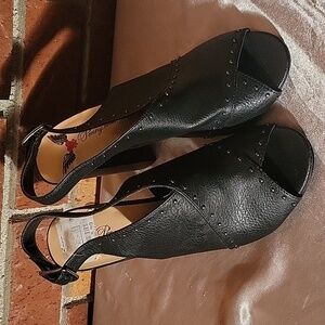 Women's Faux Black Leather Slingback Open-toe Heels with Rivets, Size:  7 1/2 M